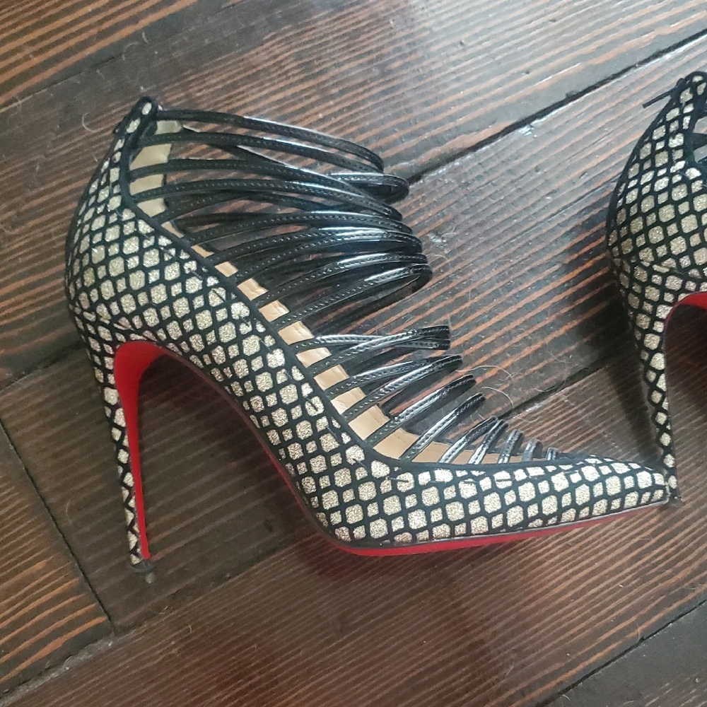 Christian Louboutin Black Strappy Cage Pointed Toe Heels with Red Soles - Picture 3 of 11